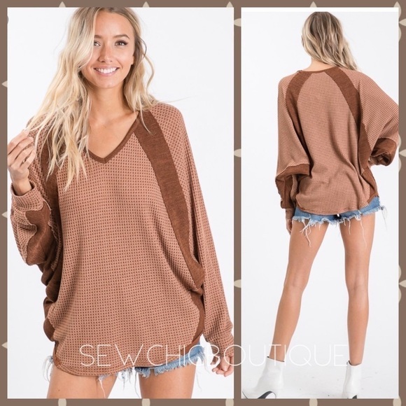 Dolman Sleeve Waffle Knit Loose Fit Top - Picture 3 of 6